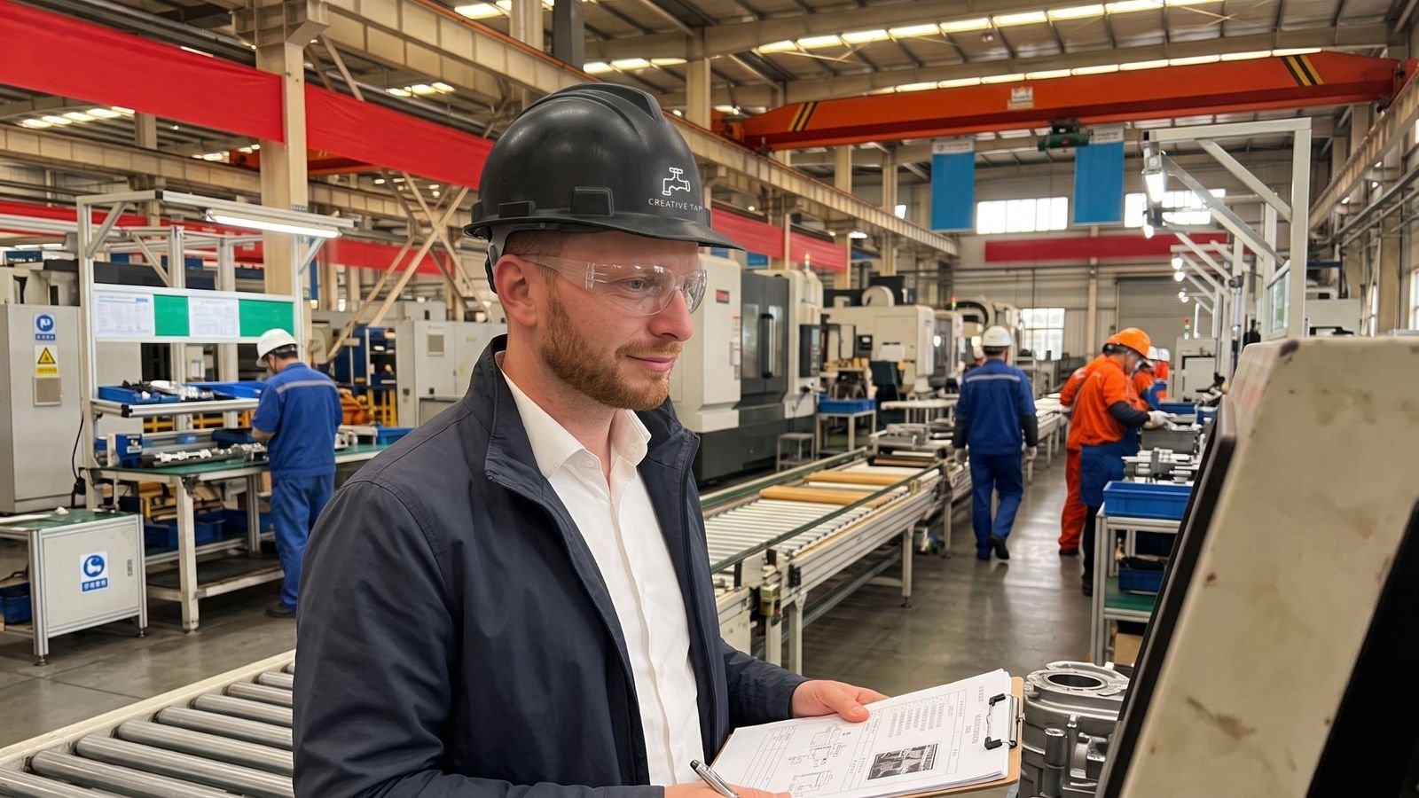 Charlie on a production line in a Chinese factory, checking drawings in a Creative Tap hard hat