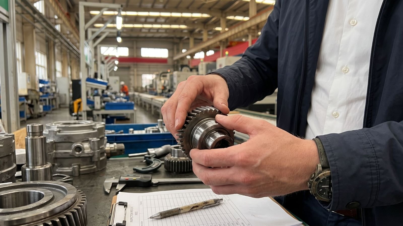 Checking a machined gear against an inspection report on a factory floor